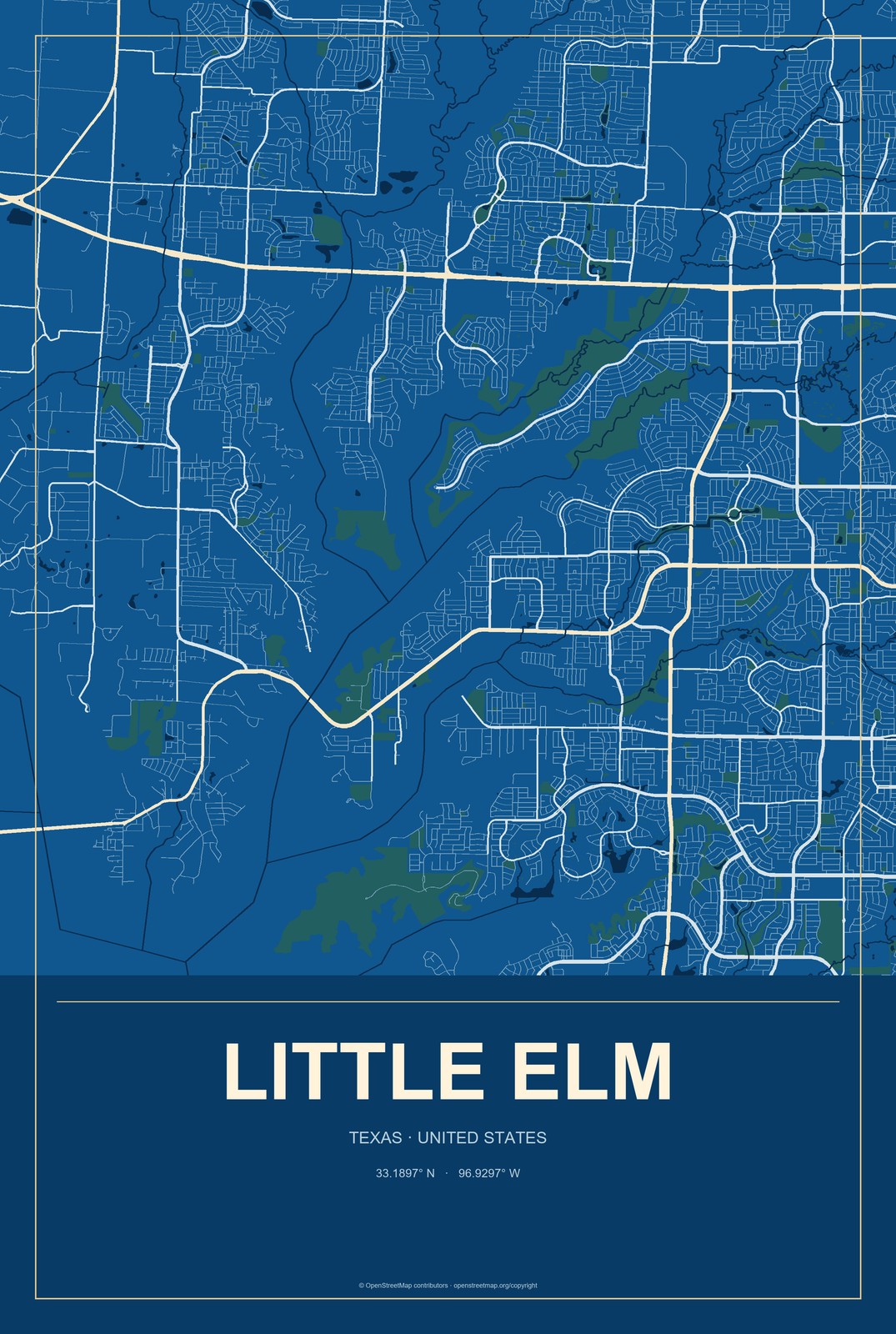 Little Elm, Texas City Map Aluminum Sign in Harbor Cobalt style