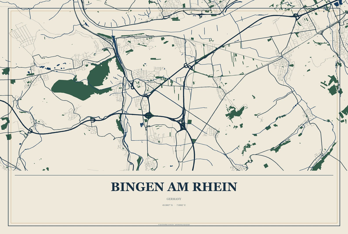 Bingen am Rhein, Germany City Map Aluminum Sign in Coastal Cutout style