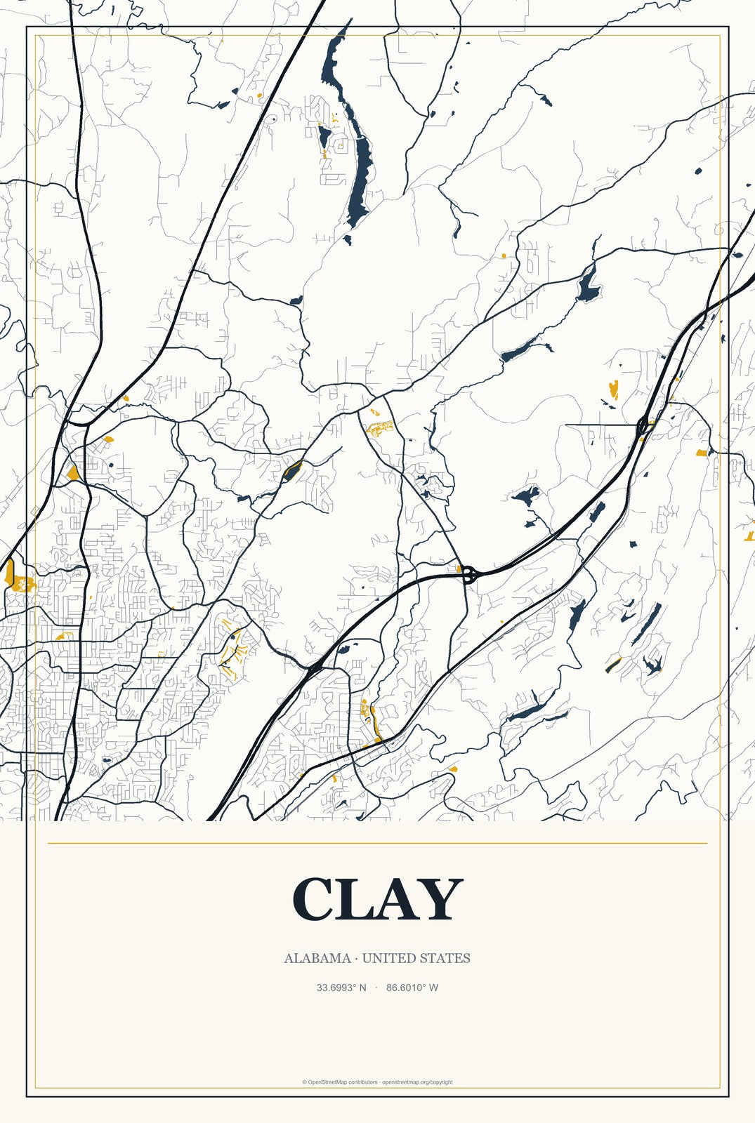 Clay, Alabama City Map Aluminum Sign in Citrine Modern style