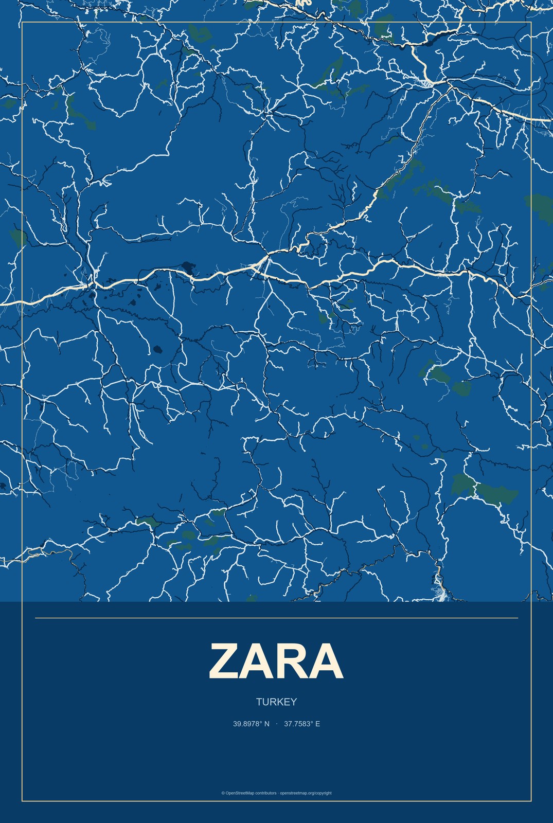 Zara, Turkey City Map Aluminum Sign in Harbor Cobalt style