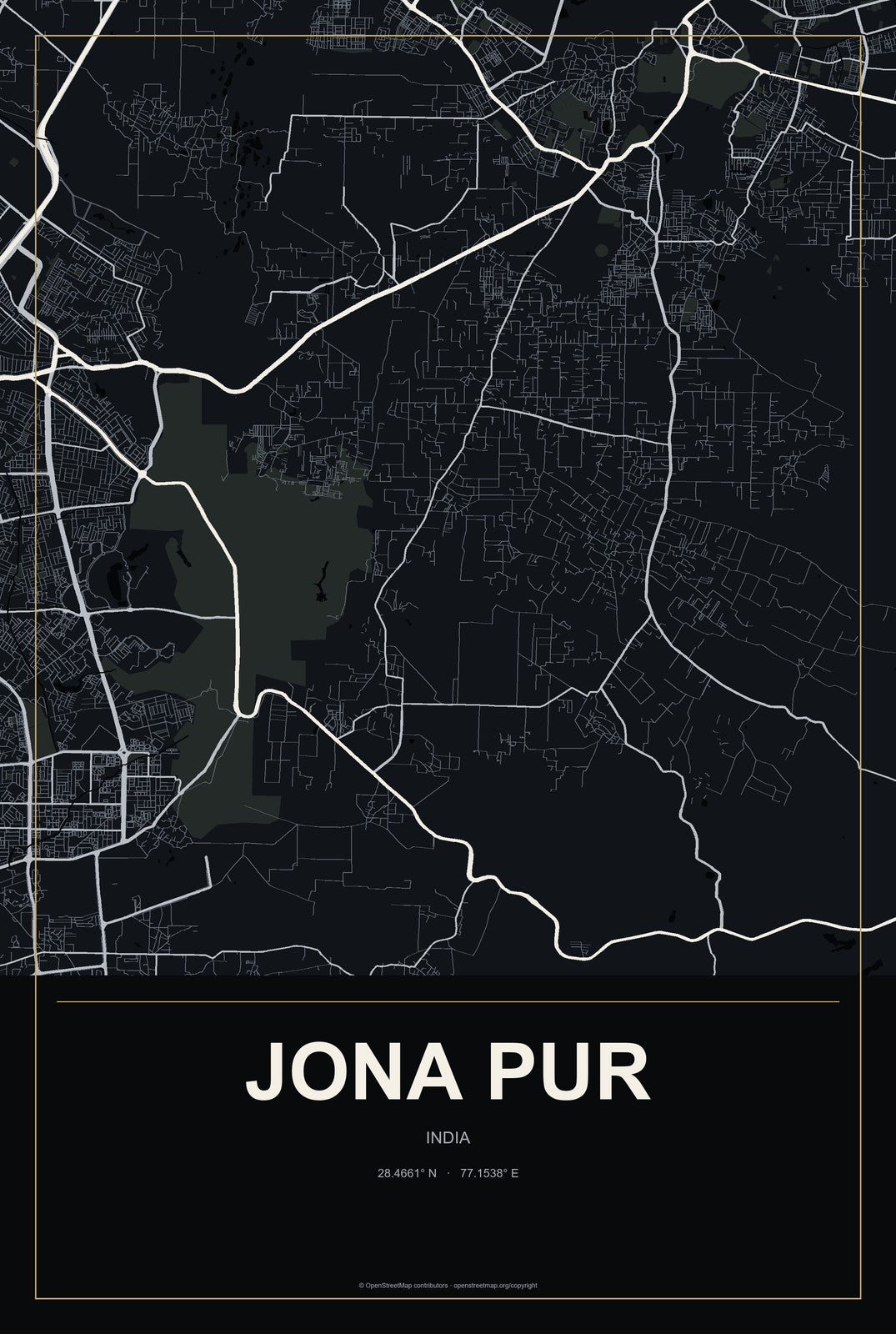 Jona Pur, India City Map Aluminum Sign in Metropolitan Noir style