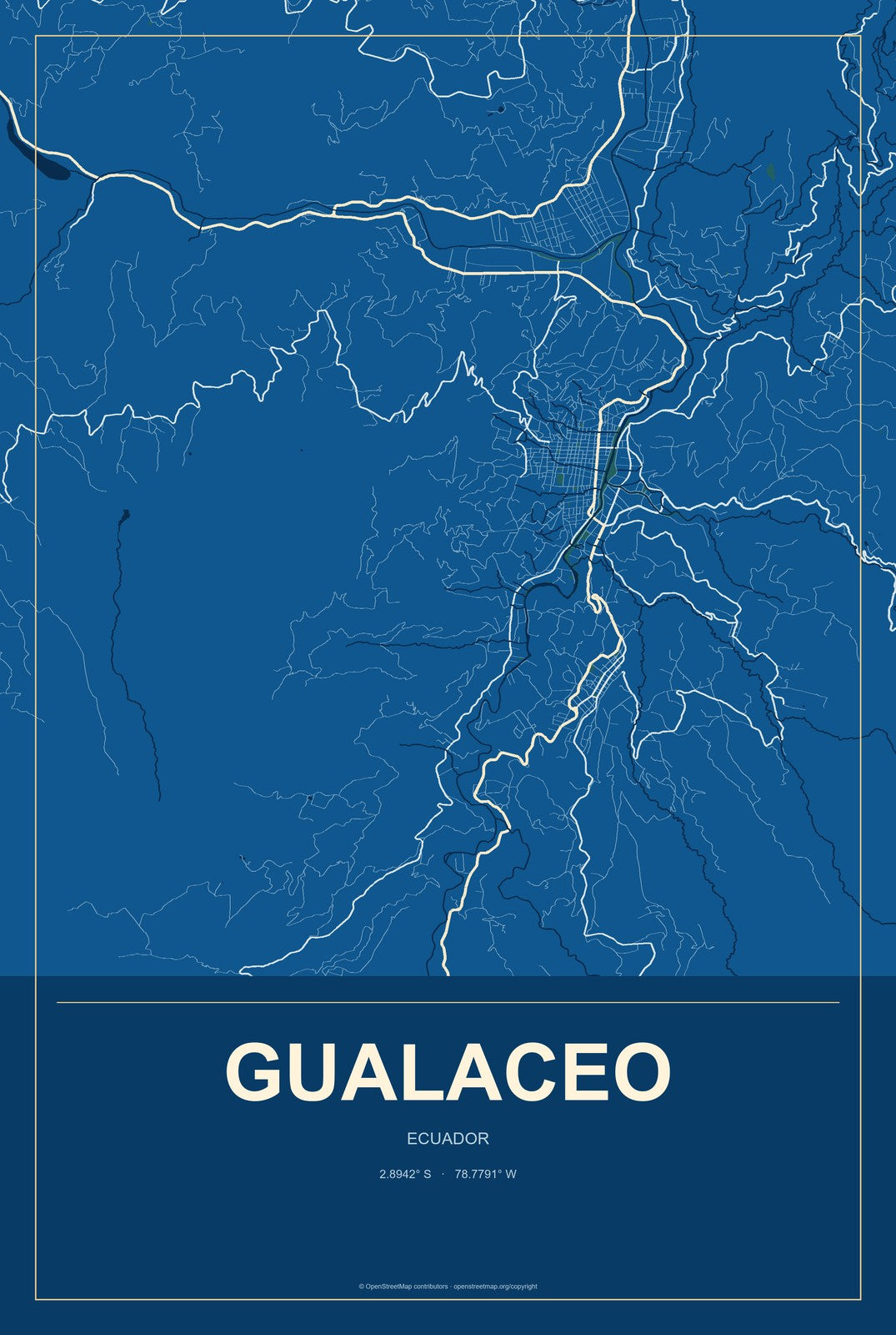 Gualaceo, Ecuador City Map Aluminum Sign in Harbor Cobalt style