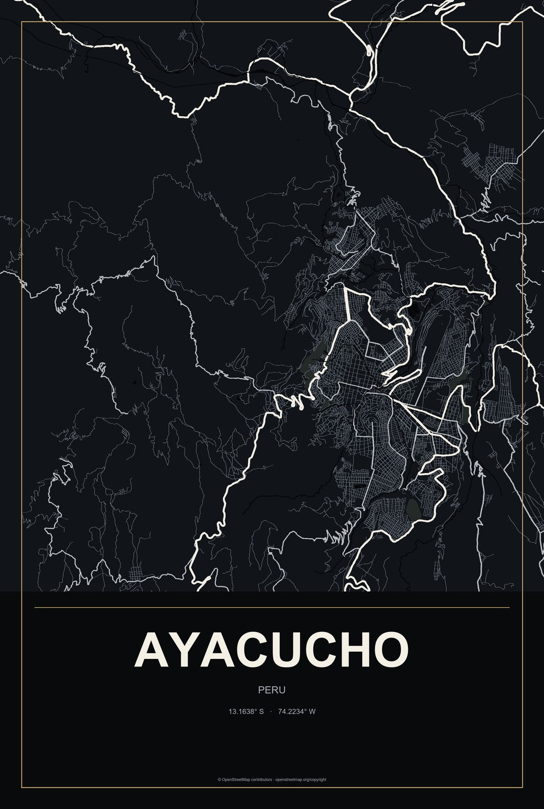 Ayacucho, Peru City Map Aluminum Sign in Metropolitan Noir style