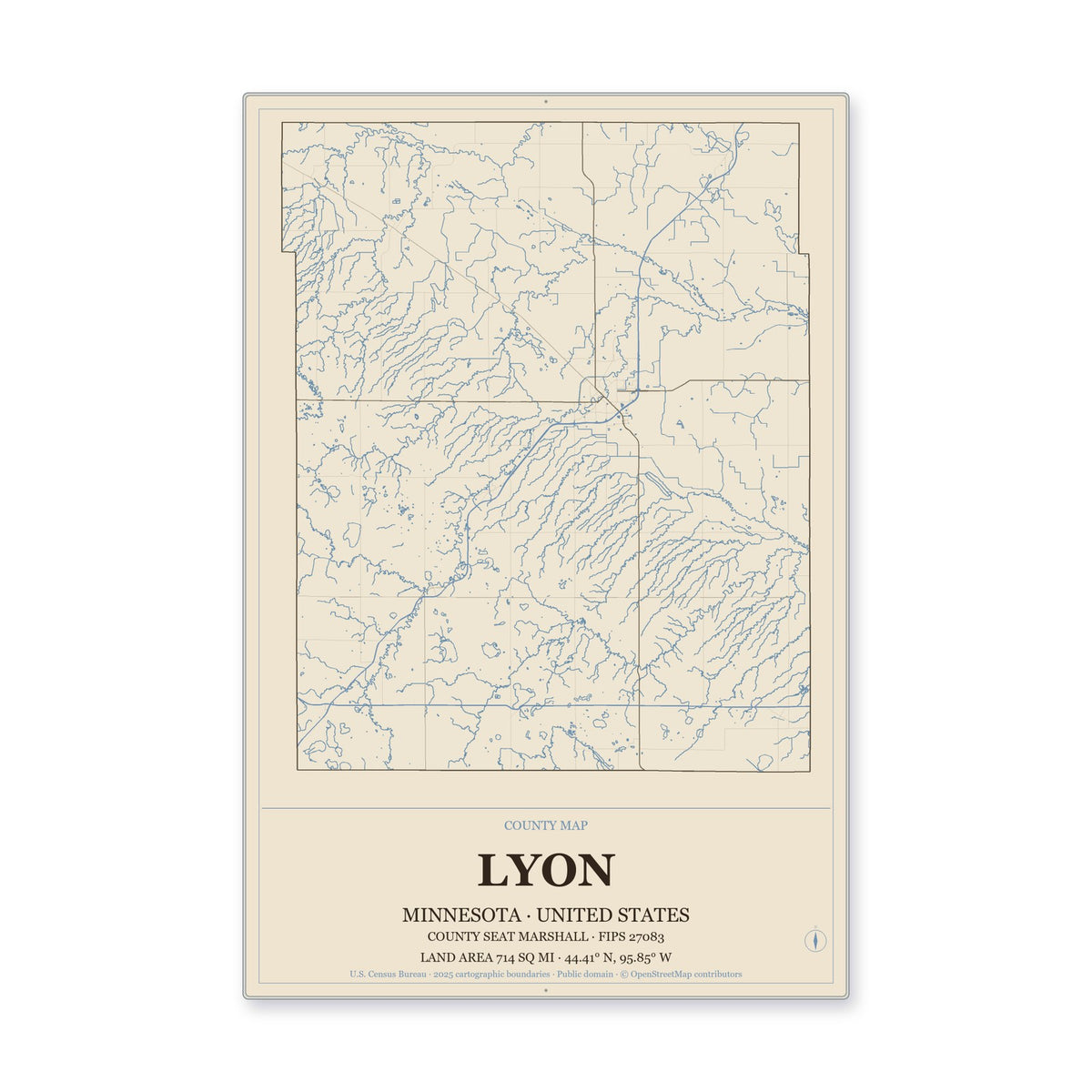 Lyon County, Minnesota Map Aluminum Sign in Heritage Nautical style