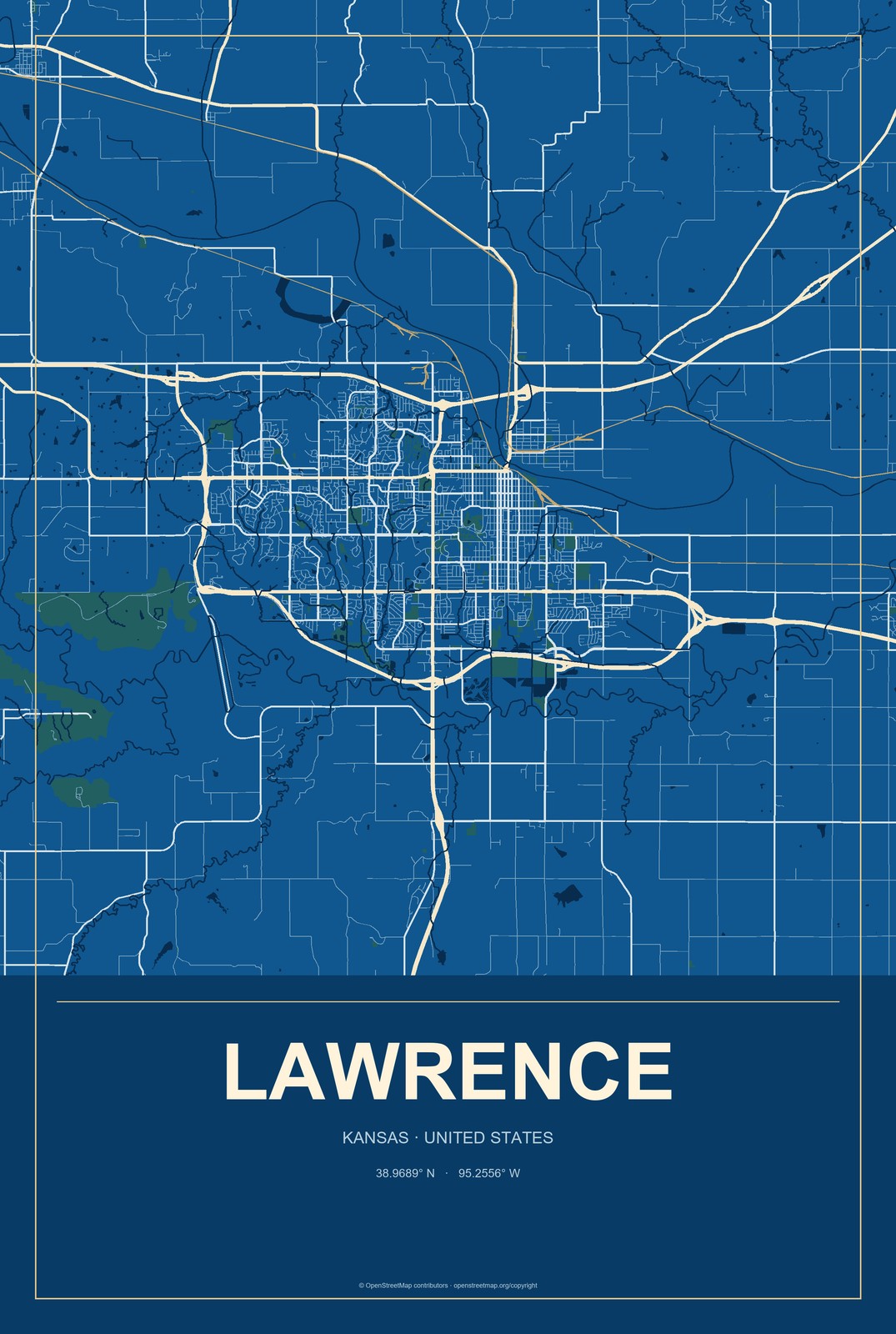 Lawrence, Kansas City Map Aluminum Sign in Harbor Cobalt style