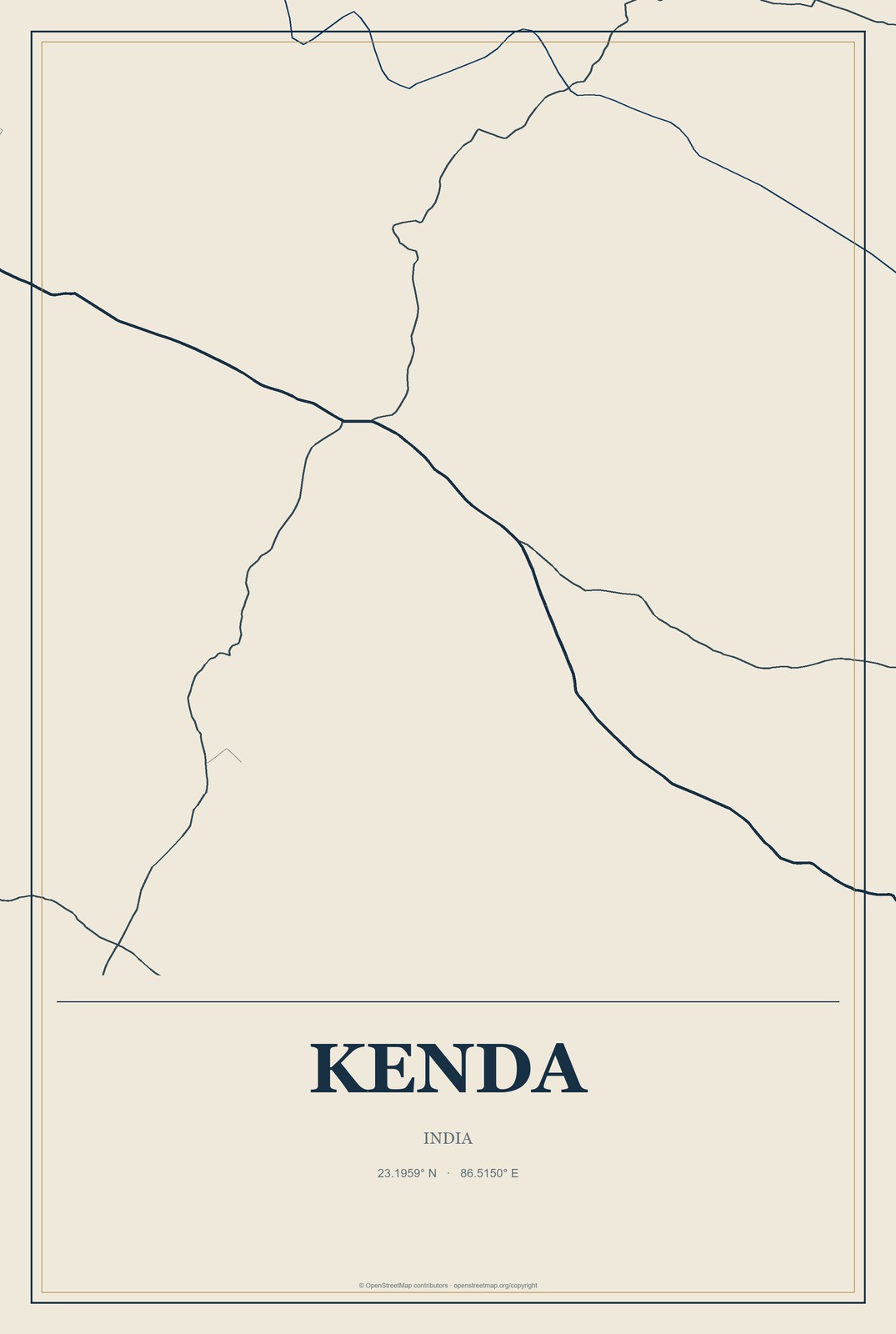 Kenda, India City Map Aluminum Sign in Coastal Cutout style