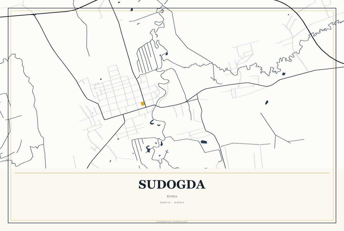 Sudogda, Russia City Map Aluminum Sign in Citrine Modern style