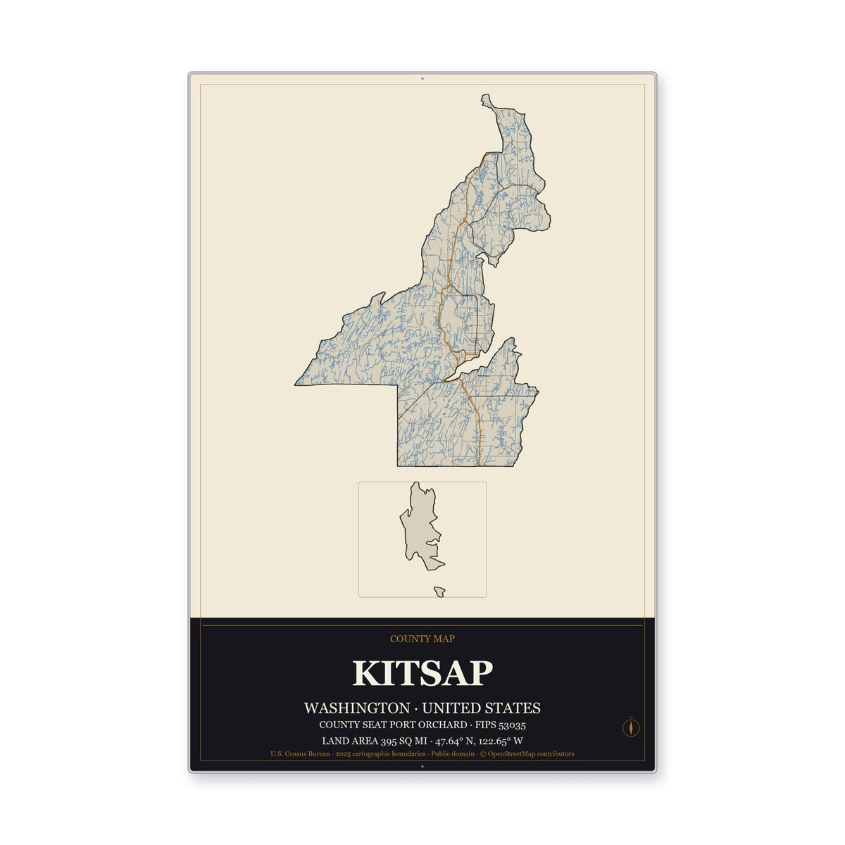 Kitsap County, Washington Map Aluminum Sign in Museum Plaque style