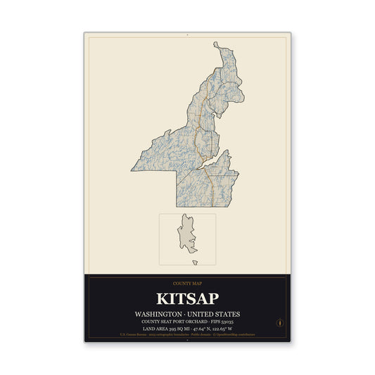 Kitsap County, Washington Map Aluminum Sign in Museum Plaque style