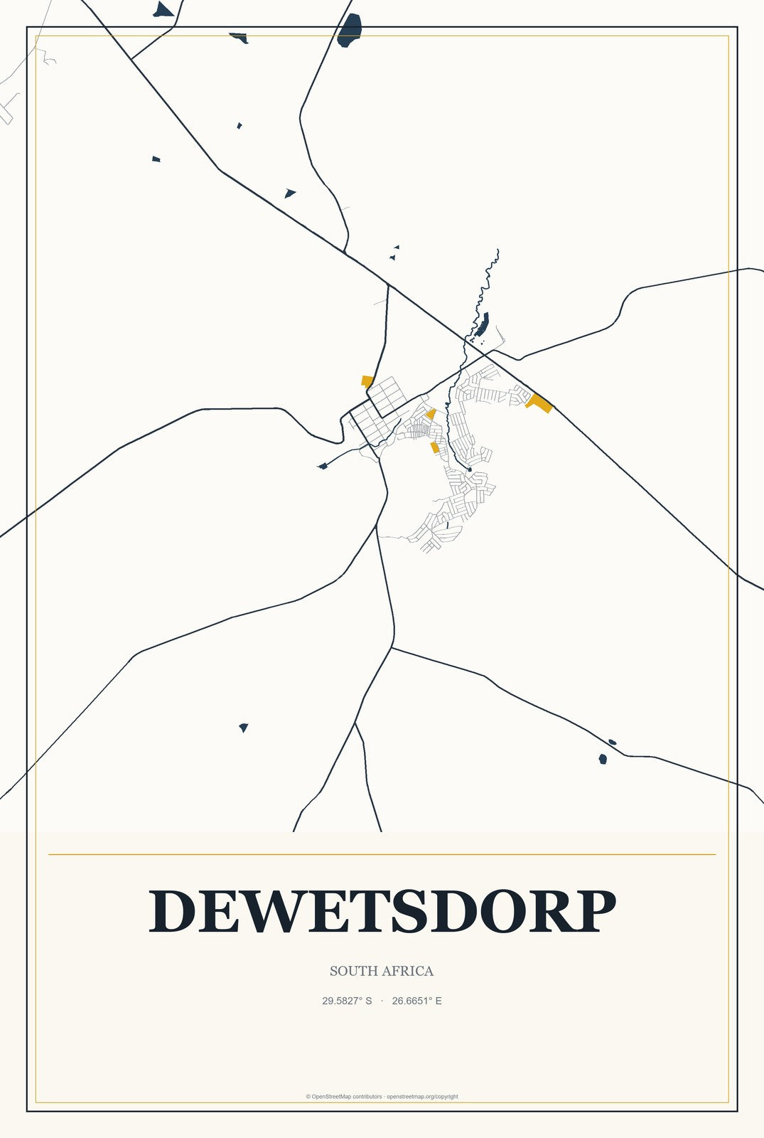 Dewetsdorp, South Africa City Map Aluminum Sign in Citrine Modern style