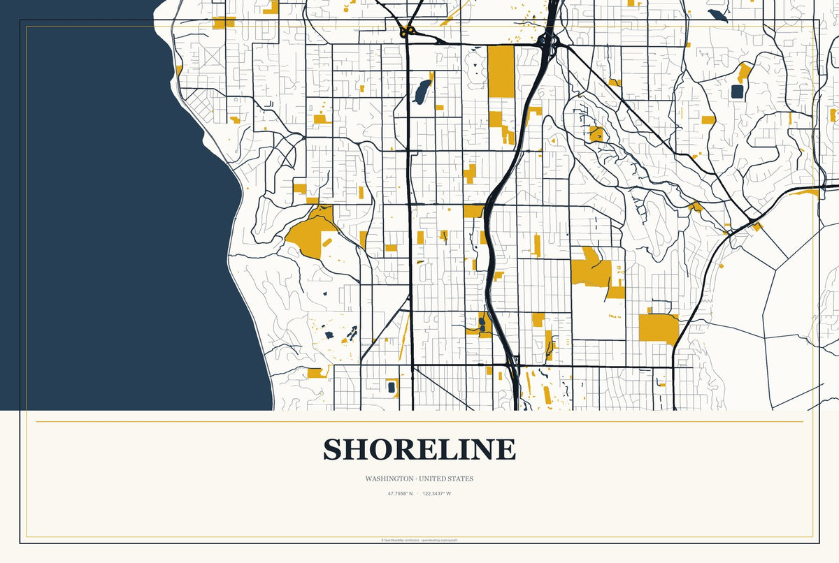 Shoreline, Washington City Map Aluminum Sign in Citrine Modern style