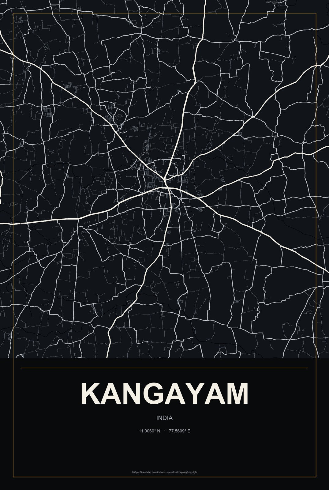 Kangayam, India City Map Aluminum Sign in Metropolitan Noir style