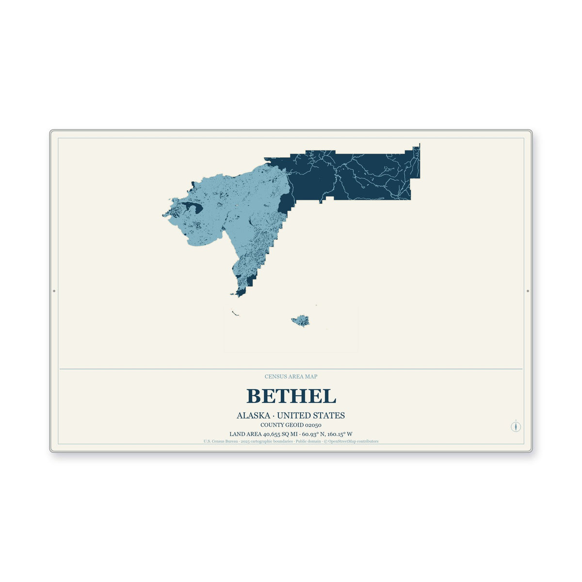 Bethel Census Area, Alaska Map Aluminum Sign in Coastal Cutout style