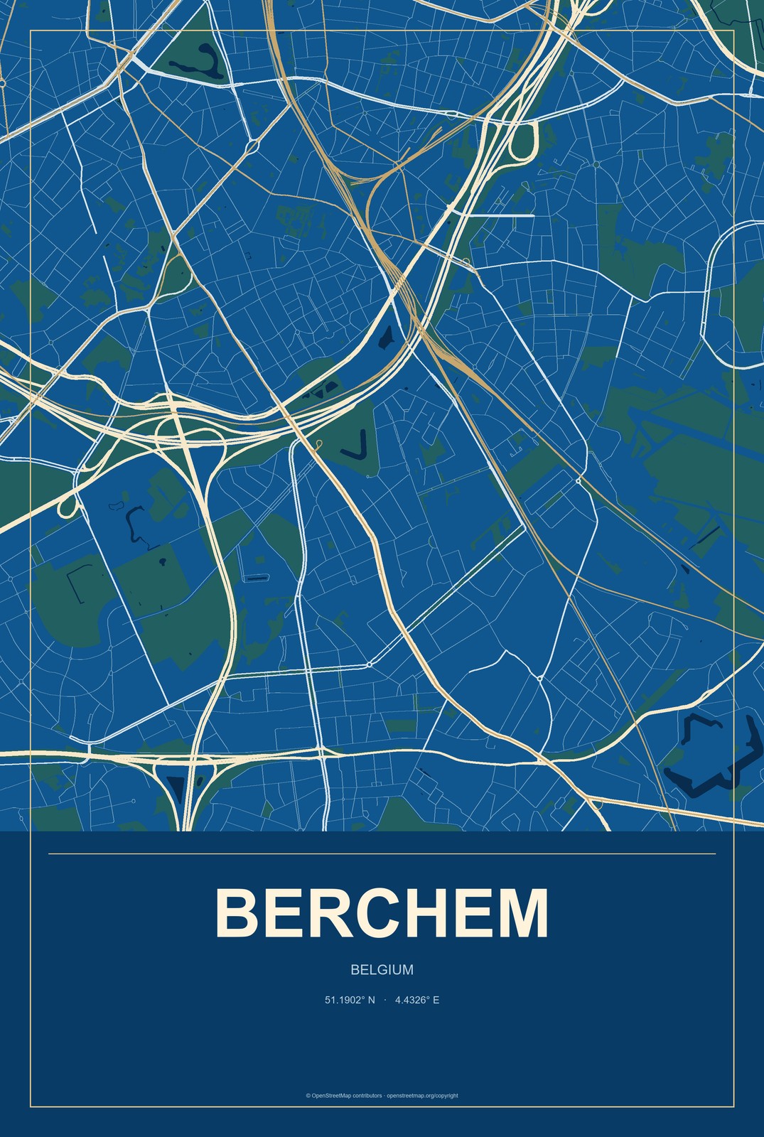 Berchem, Belgium City Map Aluminum Sign in Harbor Cobalt style