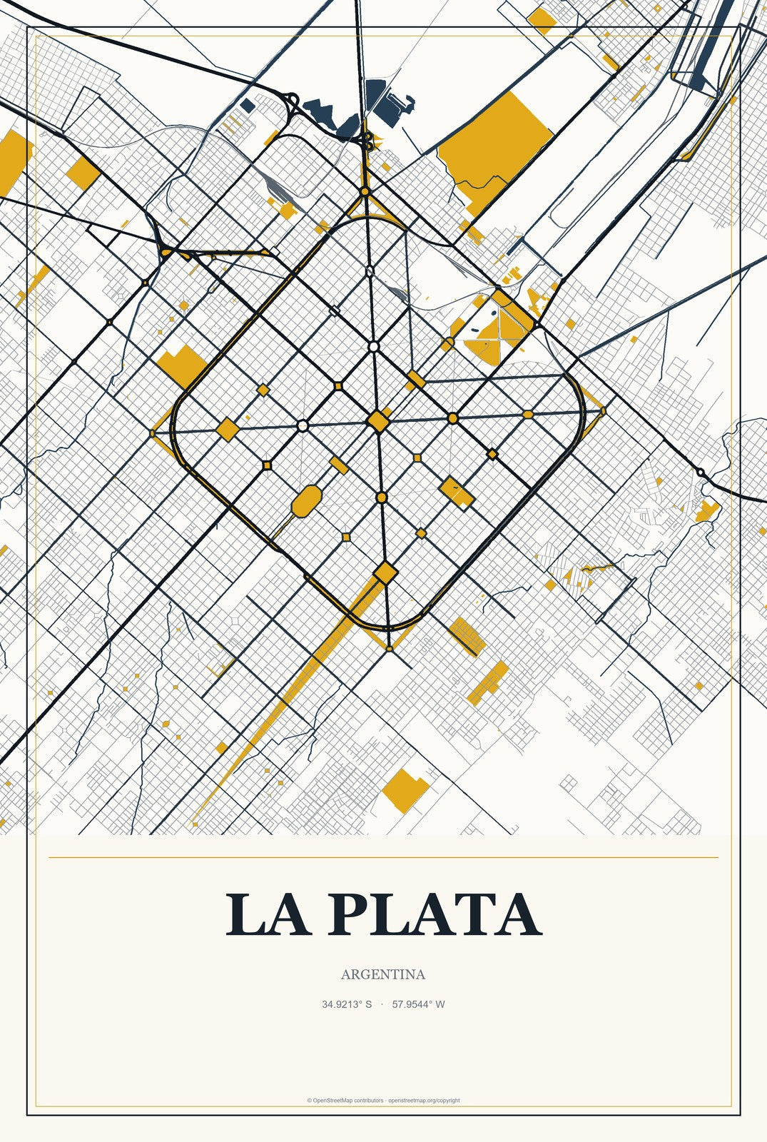 La Plata, Argentina City Map Aluminum Sign in Citrine Modern style
