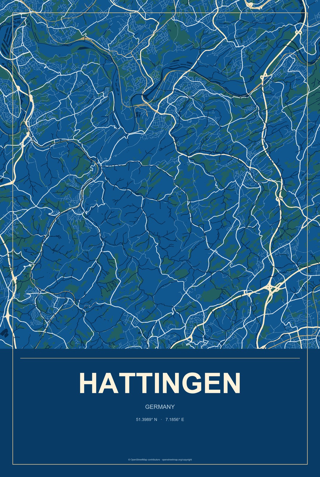 Hattingen, Germany City Map Aluminum Sign in Harbor Cobalt style