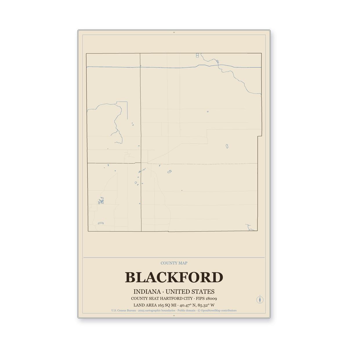 Blackford County, Indiana Map Aluminum Sign in Heritage Nautical style