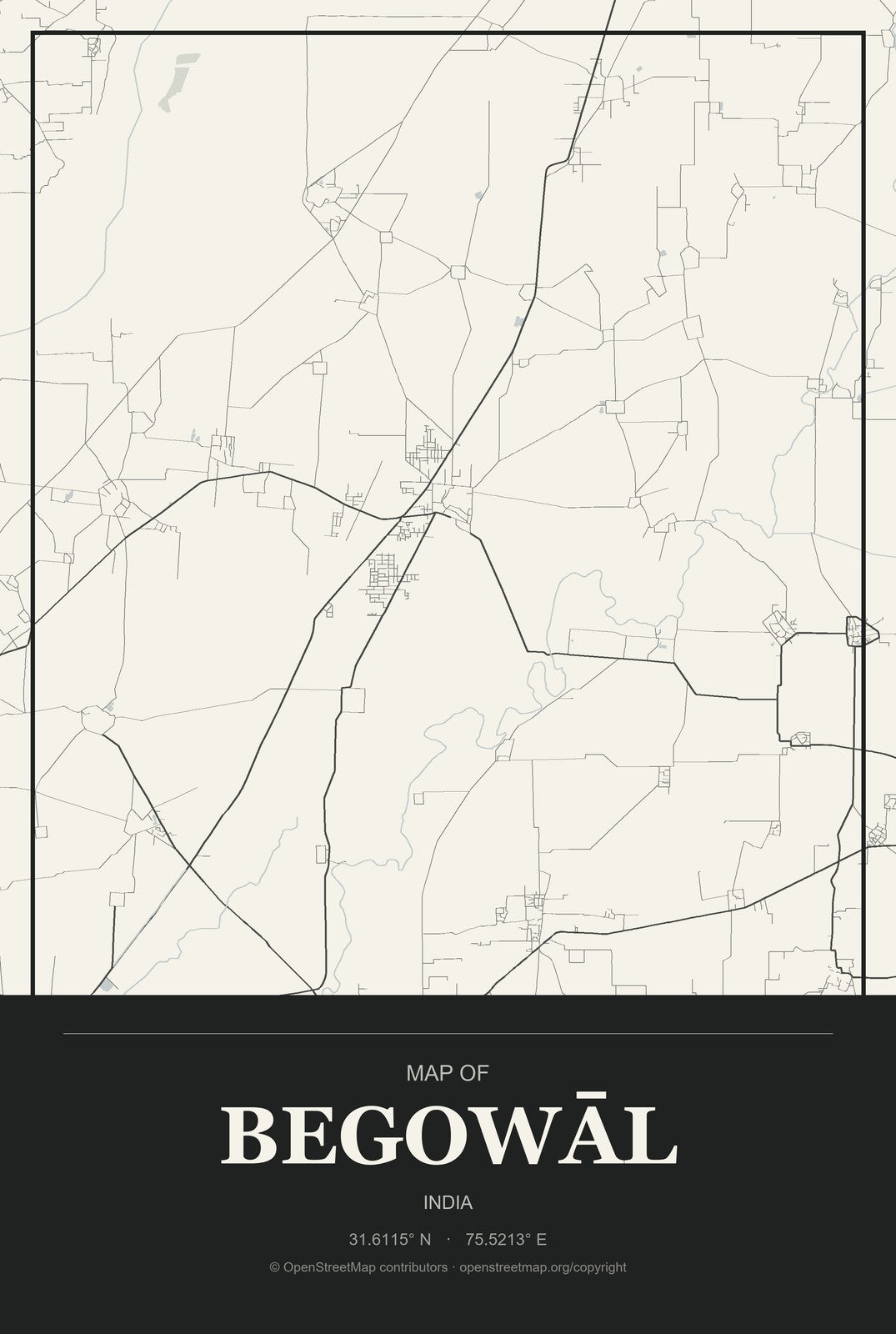 Begowāl, India City Map Aluminum Sign in Museum Plaque style