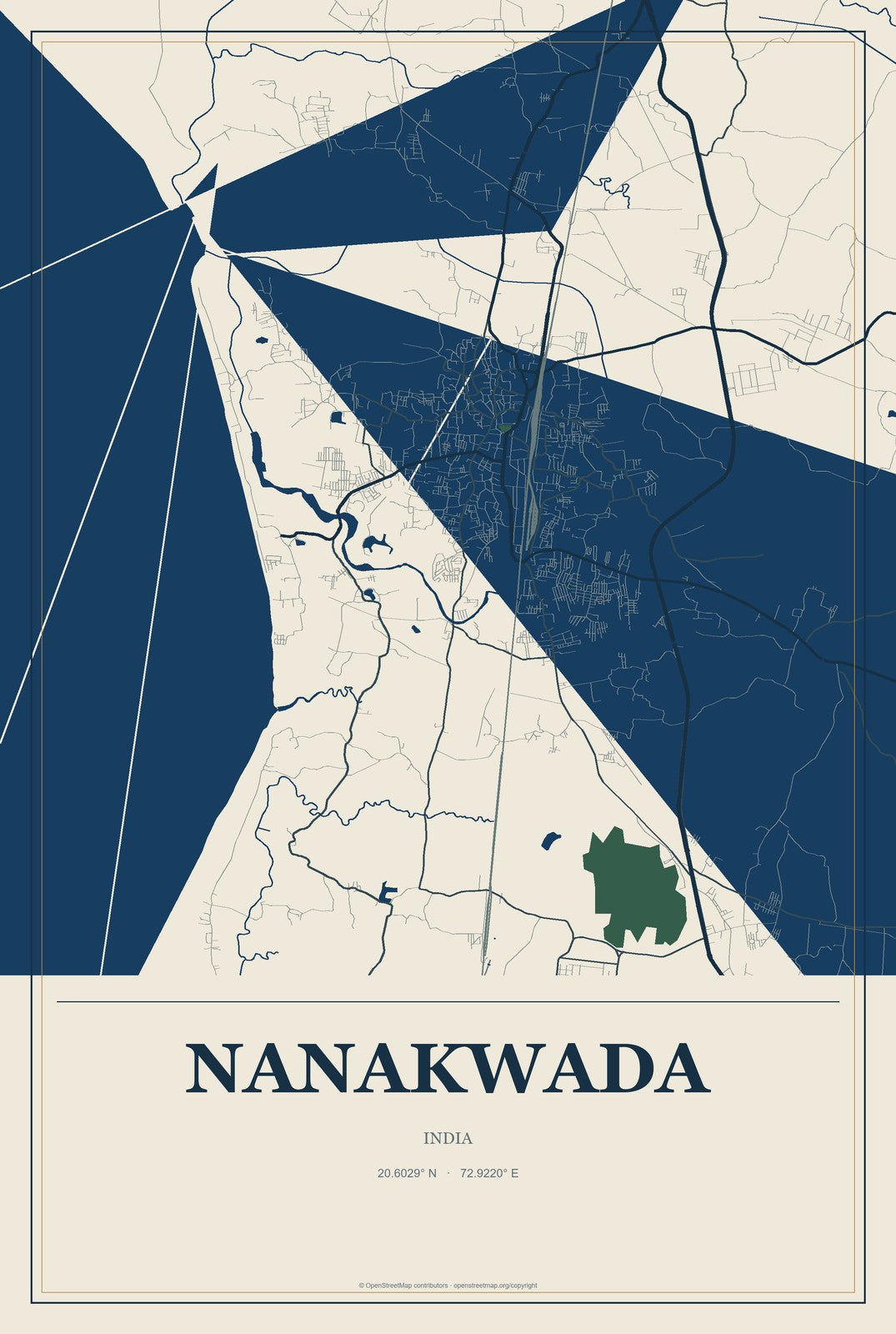 Nanakwada, India City Map Aluminum Sign in Coastal Cutout style