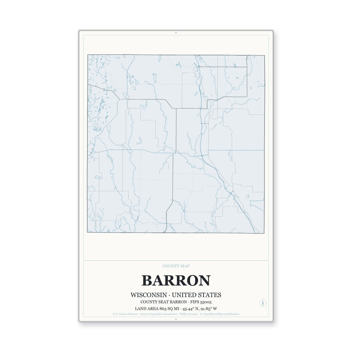 Barron County, Wisconsin Map Aluminum Sign in Gallery Air style