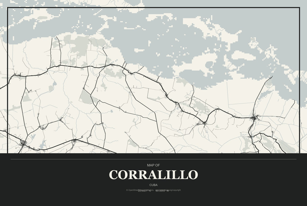 Corralillo, Cuba City Map Aluminum Sign in Museum Plaque style