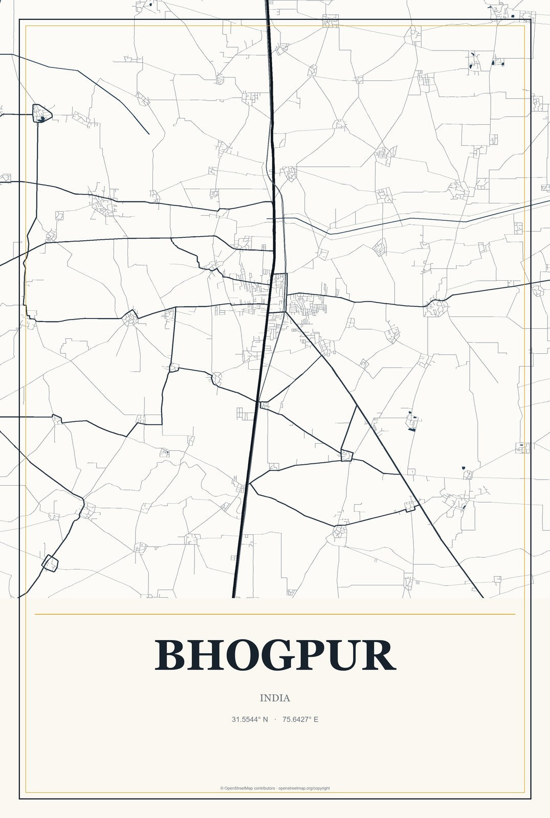 Bhogpur, India City Map Aluminum Sign in Citrine Modern style