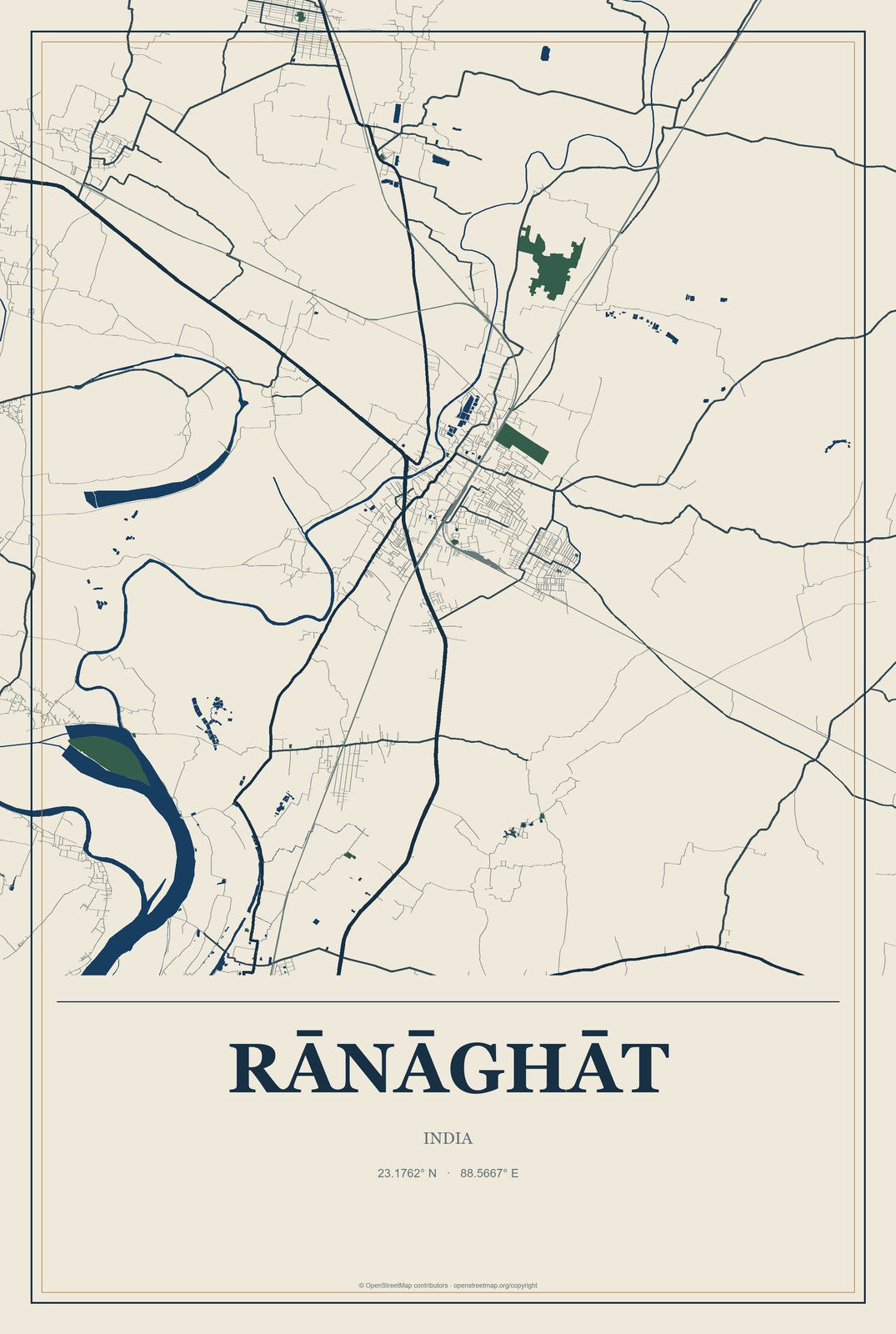 Rānāghāt, India City Map Aluminum Sign in Coastal Cutout style