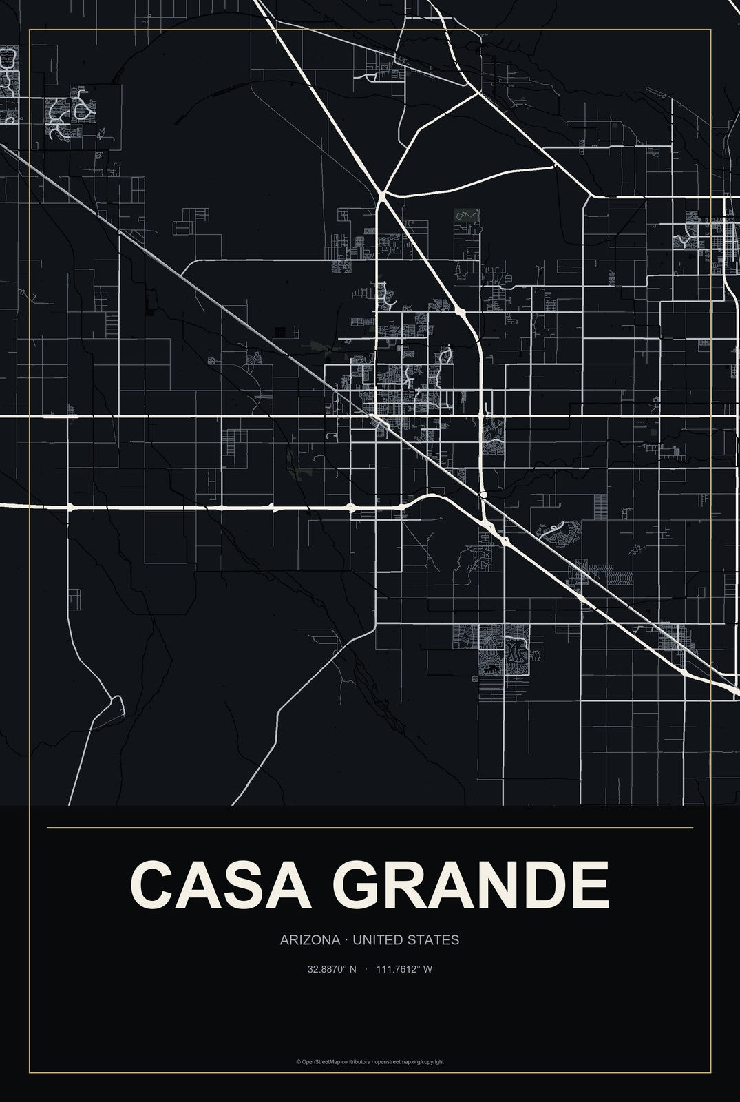 Casa Grande, Arizona City Map Aluminum Sign in Metropolitan Noir style