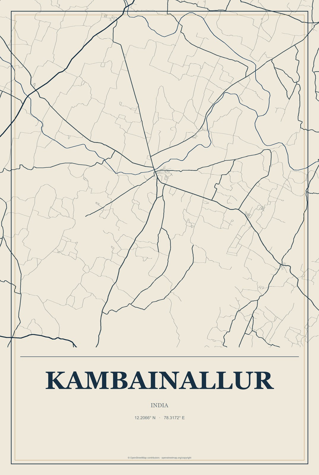 Kambainallur, India City Map Aluminum Sign in Coastal Cutout style