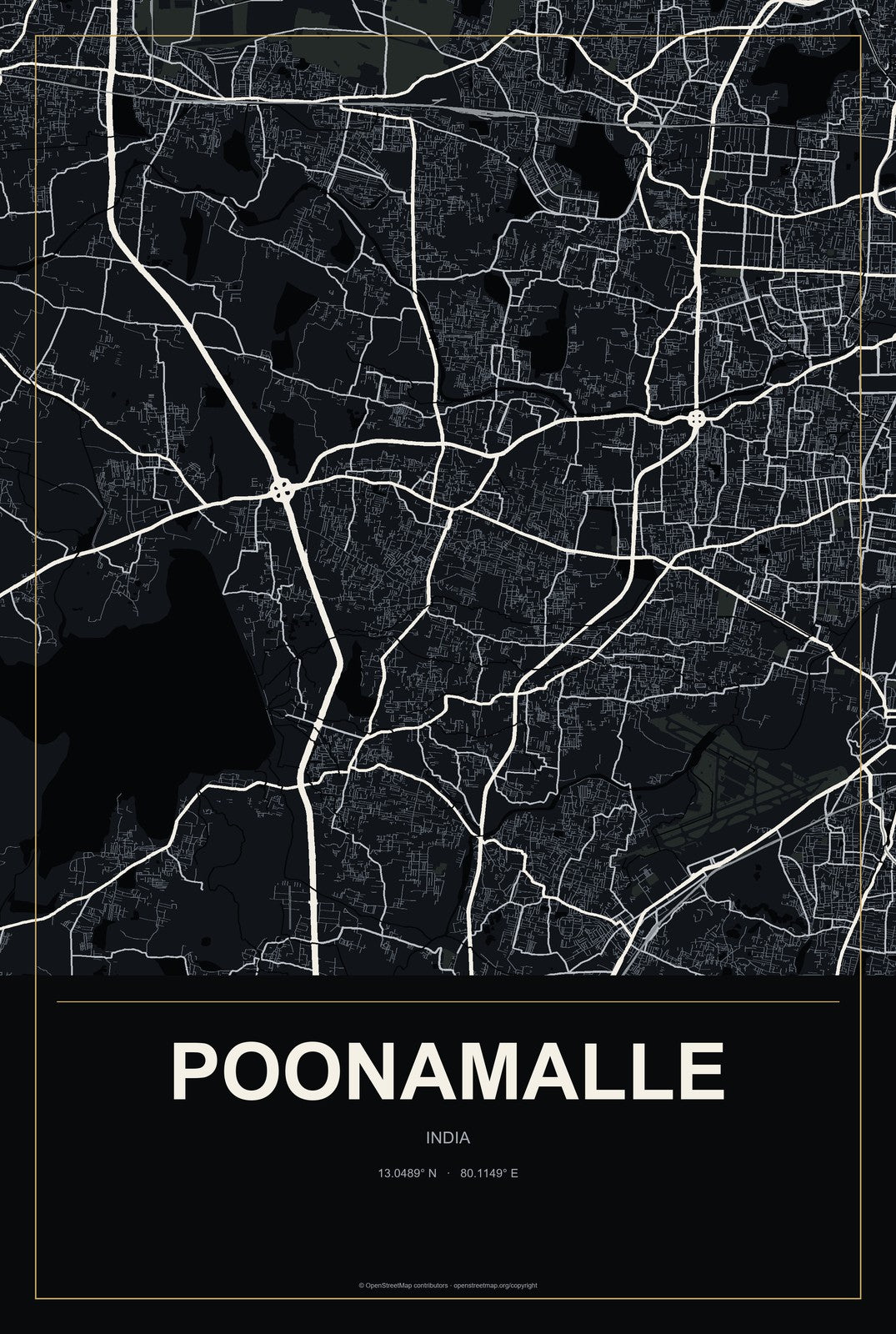 Poonamalle, India City Map Aluminum Sign in Metropolitan Noir style
