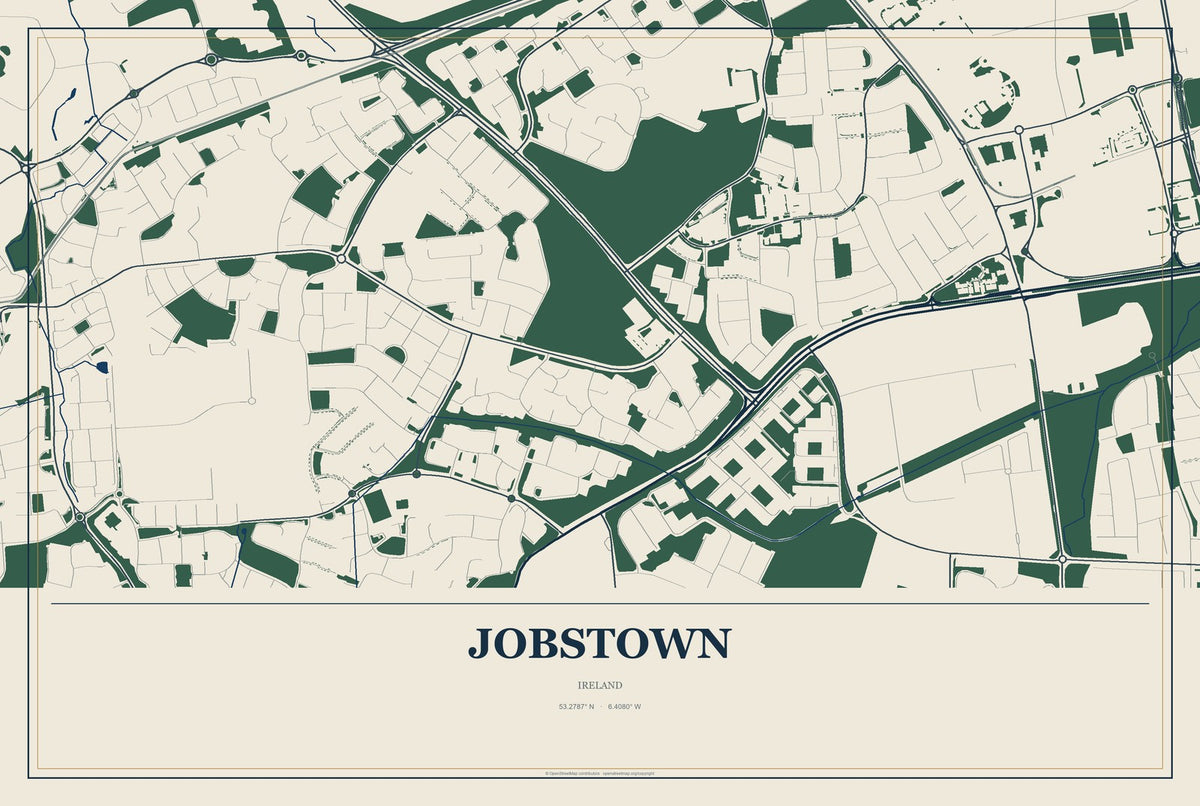 Jobstown, Ireland City Map Aluminum Sign in Coastal Cutout style
