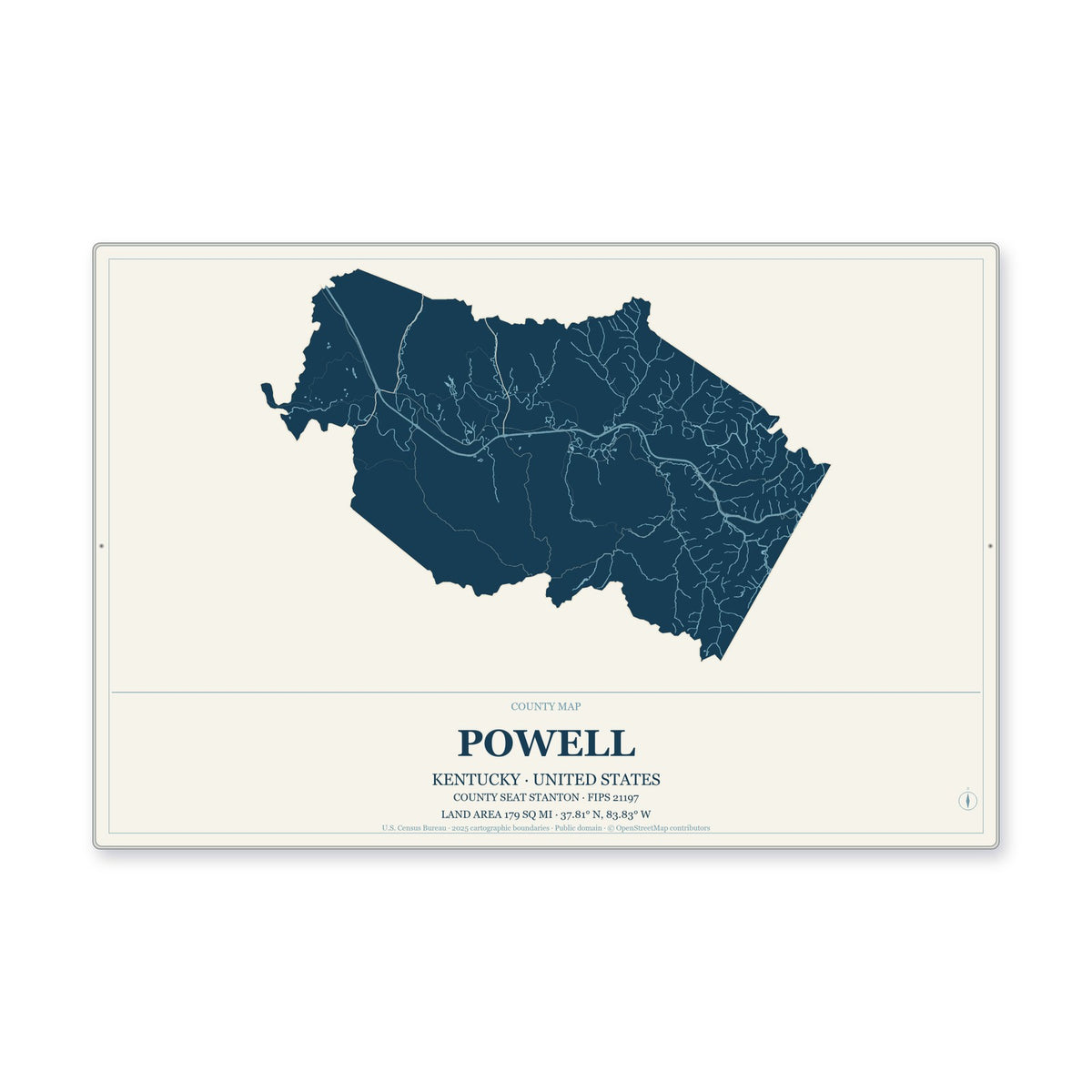 Powell County, Kentucky Map Aluminum Sign in Coastal Cutout style