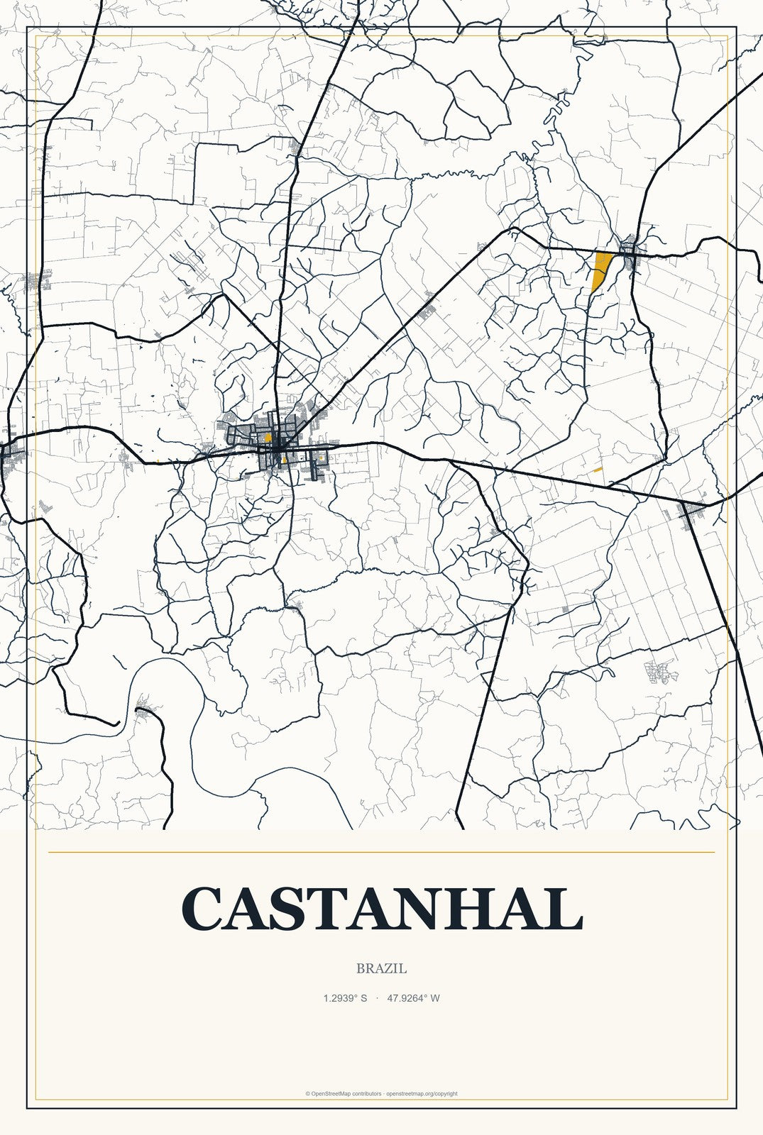 Castanhal, Brazil City Map Aluminum Sign in Citrine Modern style