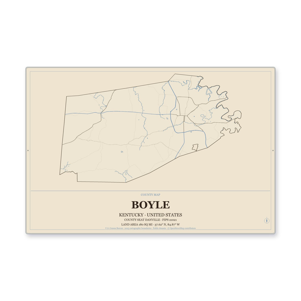 Boyle County, Kentucky Map Aluminum Sign in Heritage Nautical style