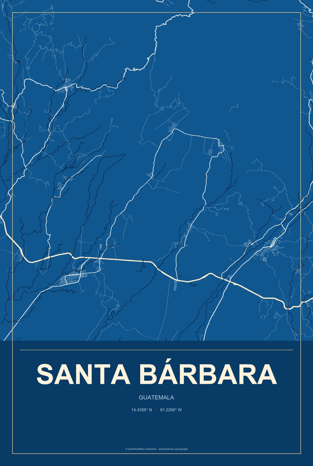 Santa Bárbara, Guatemala City Map Aluminum Sign in Harbor Cobalt style