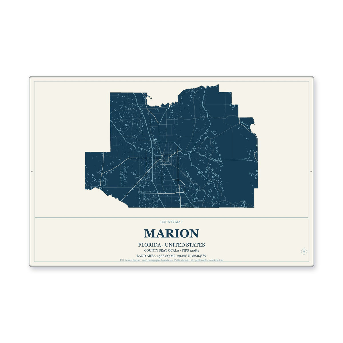 Marion County, Florida Map Aluminum Sign in Coastal Cutout style