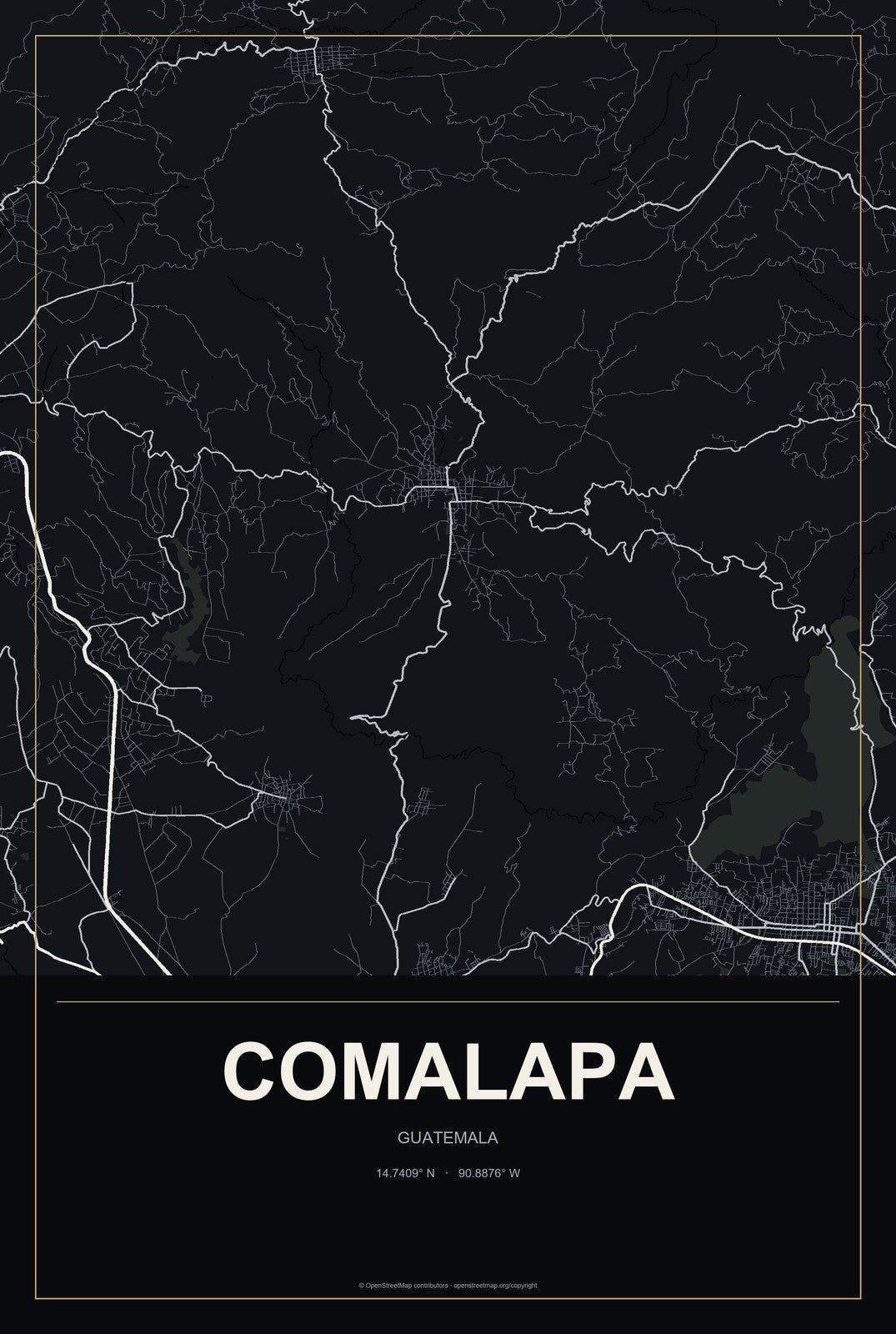 Comalapa, Guatemala City Map Aluminum Sign in Metropolitan Noir style
