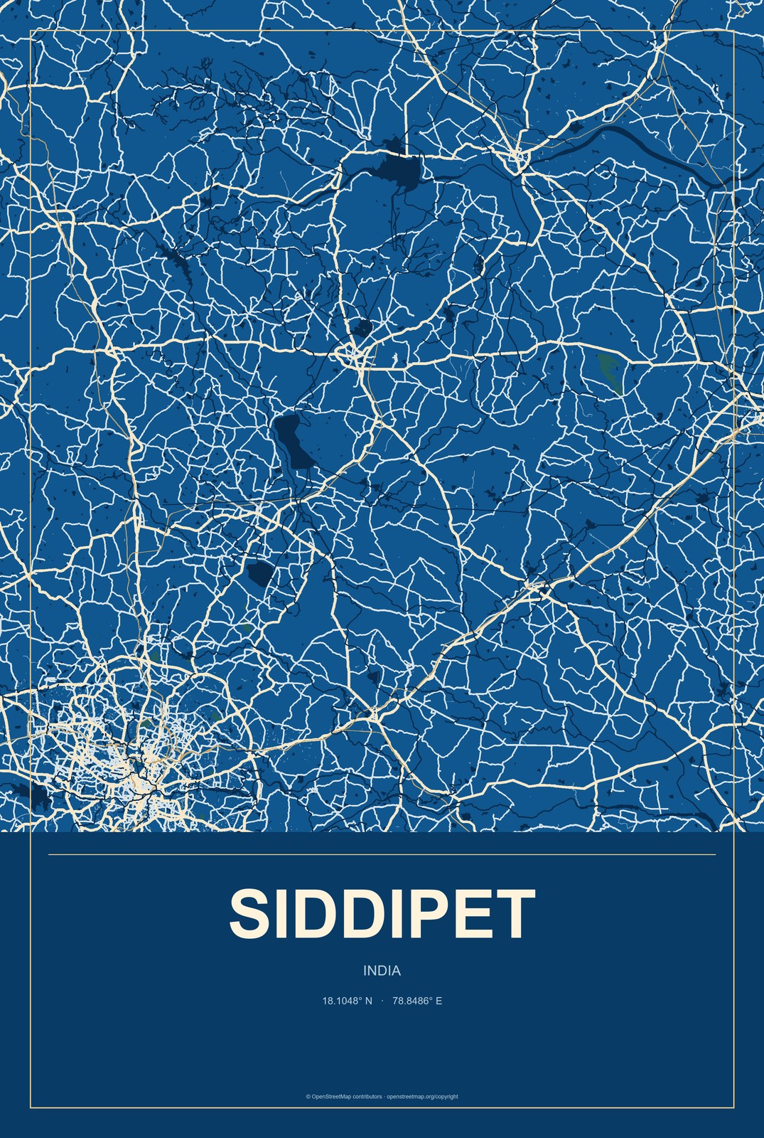 Siddipet, India City Map Aluminum Sign in Harbor Cobalt style