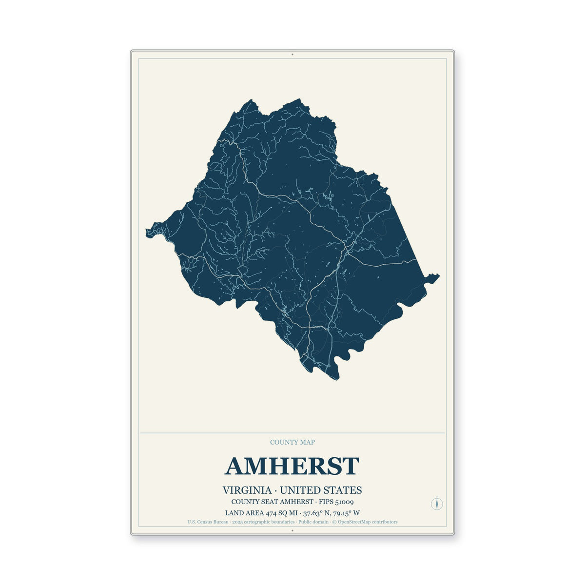Amherst County, Virginia Map Aluminum Sign in Coastal Cutout style
