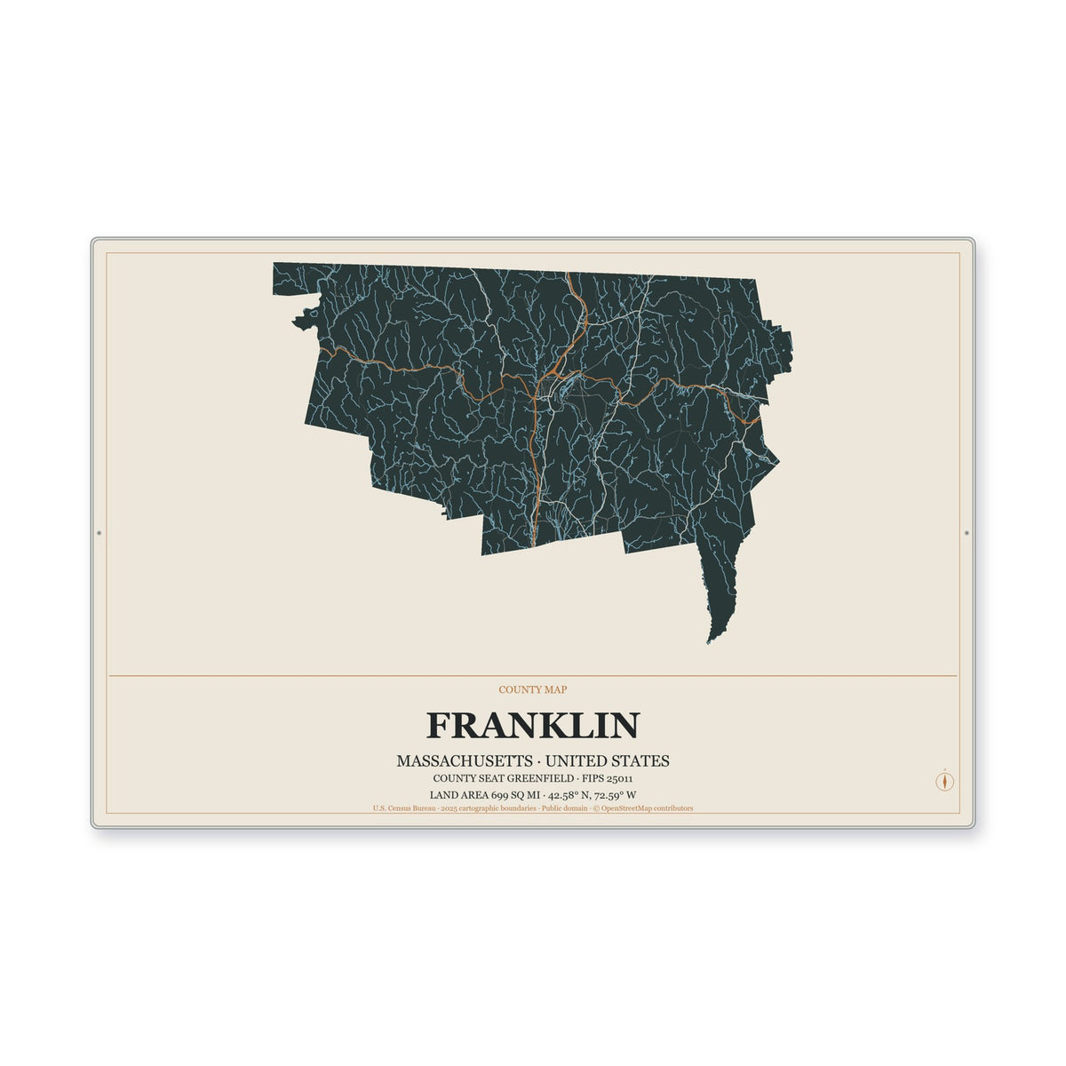 Franklin County, Massachusetts Map Aluminum Sign in Headline Atlas style
