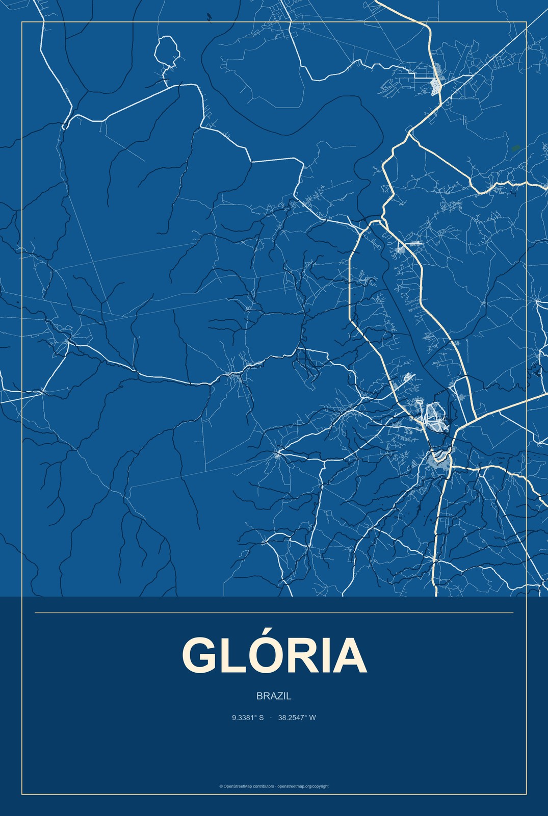 Glória, Brazil City Map Aluminum Sign in Harbor Cobalt style