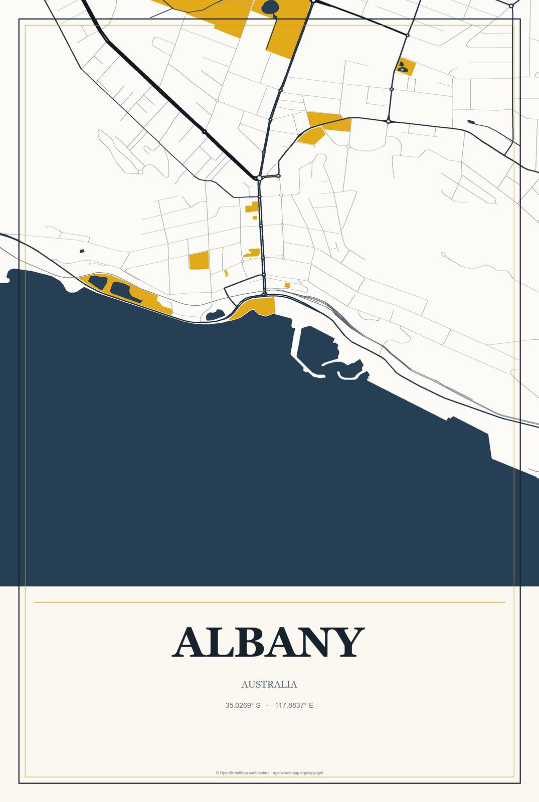 Albany, Australia City Map Aluminum Sign in Citrine Modern style