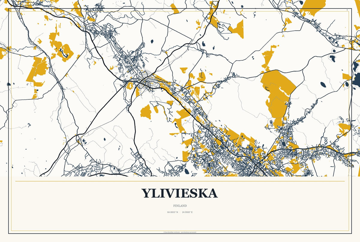 Ylivieska, Finland City Map Aluminum Sign in Citrine Modern style