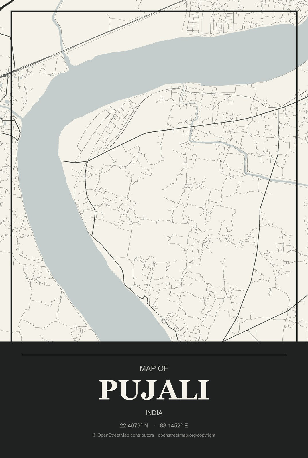 Pujali, India City Map Aluminum Sign in Museum Plaque style