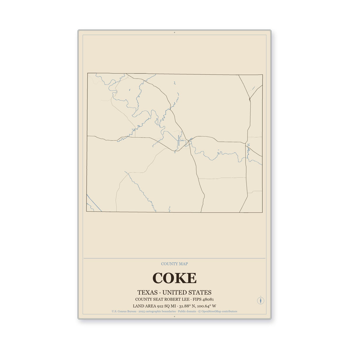 Coke County, Texas Map Aluminum Sign in Heritage Nautical style