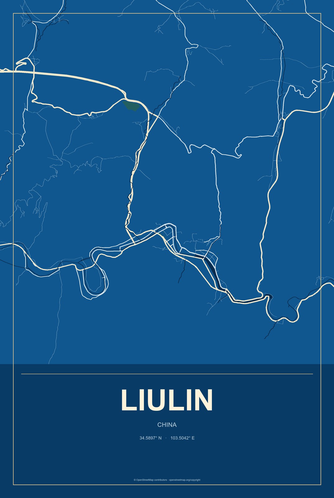 Liulin, China City Map Aluminum Sign in Harbor Cobalt style