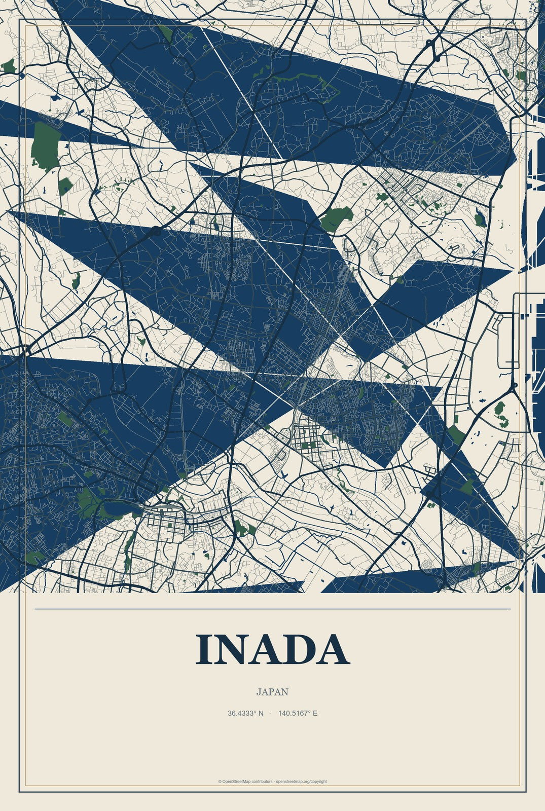 Inada, Japan City Map Aluminum Sign in Coastal Cutout style