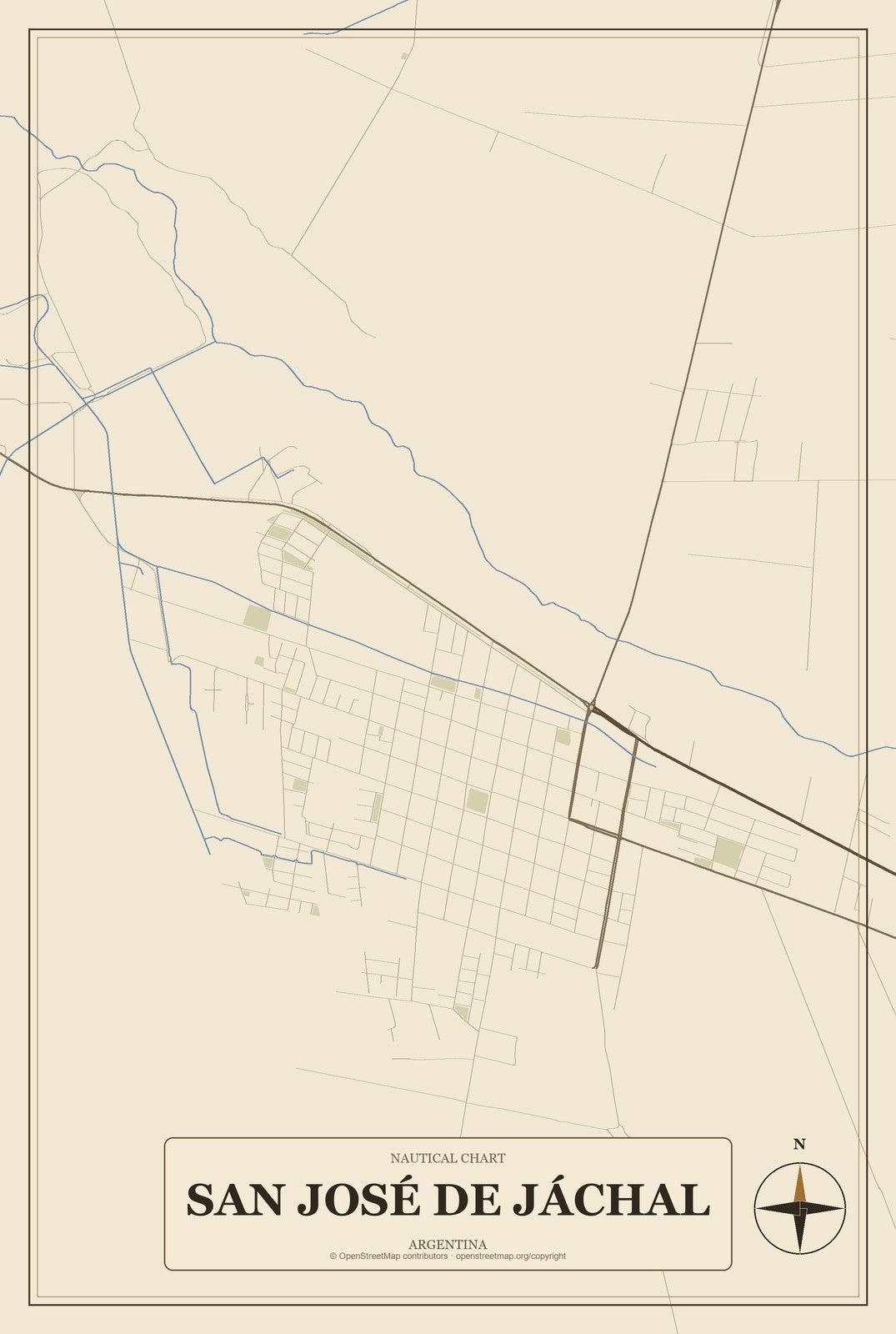 San José de Jáchal, Argentina City Map Aluminum Sign in Heritage Nautical style