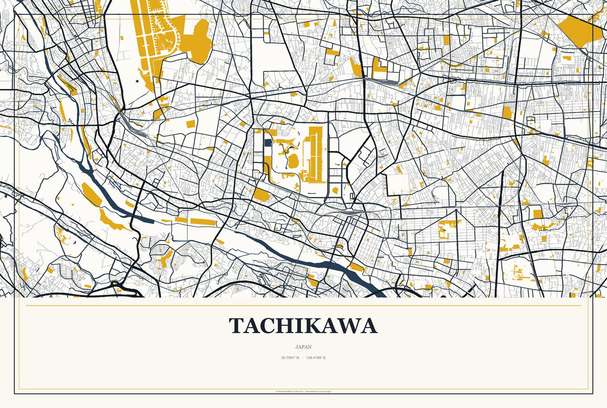 Tachikawa, Japan City Map Aluminum Sign in Citrine Modern style