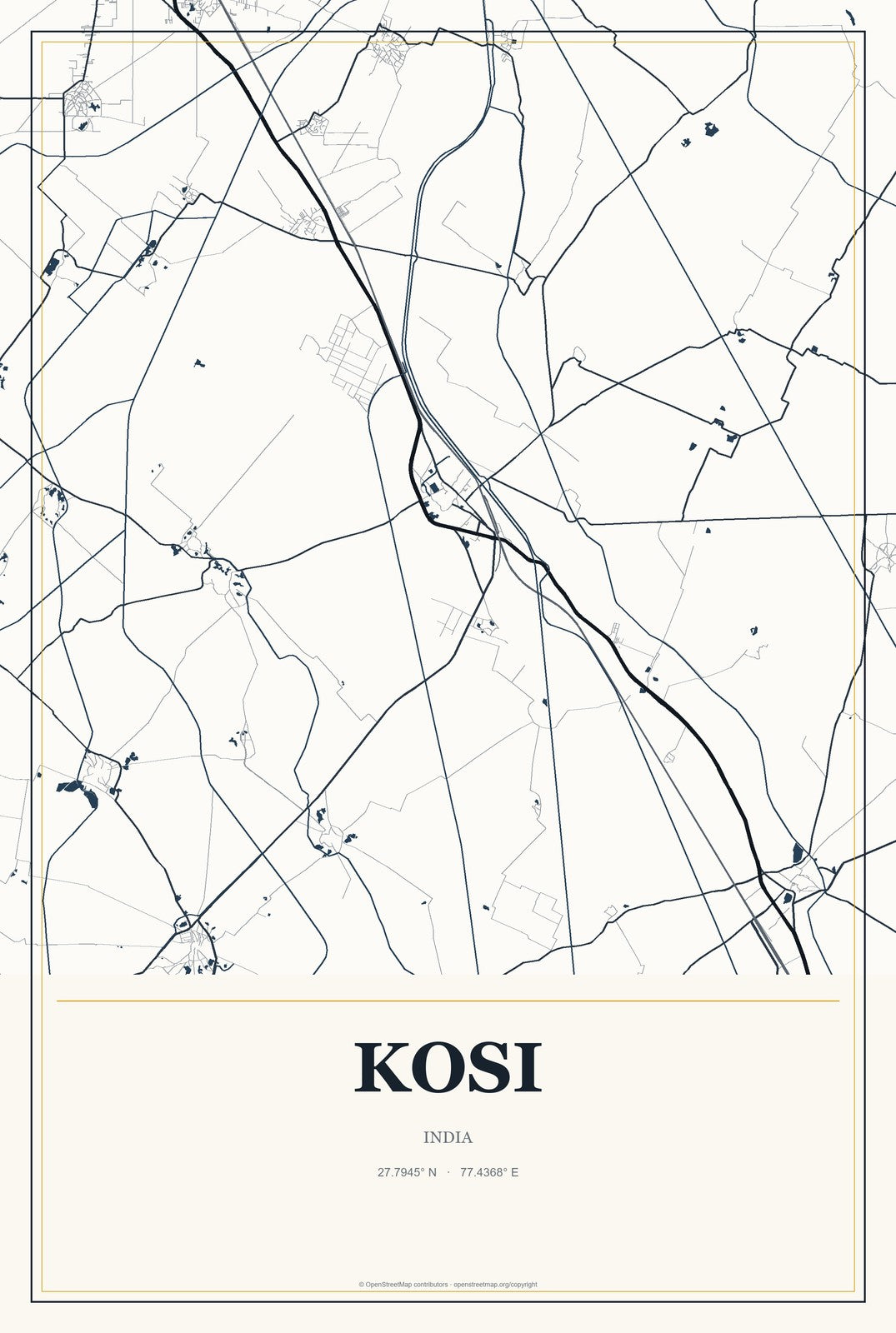 Kosi, India City Map Aluminum Sign in Citrine Modern style